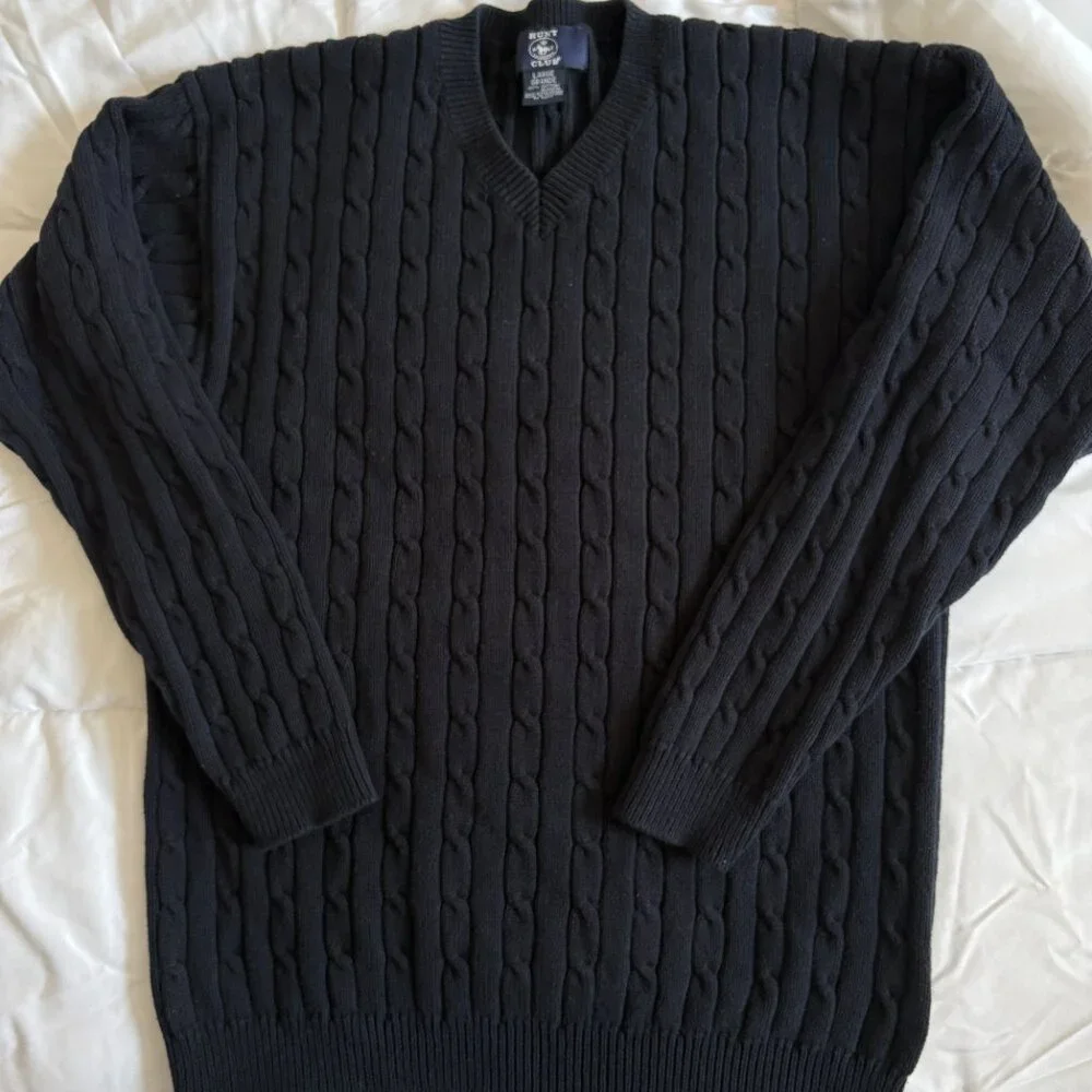Hunt Club Men's Cable Knit Sweater Black V Neck Cotton Preppy Grandpacore L
